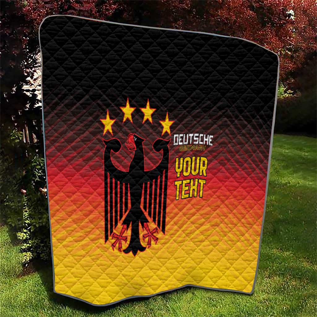 Black, red, and yellow gradient quilt with eagle graphic, stars, and “YOUR TEXT” lettering