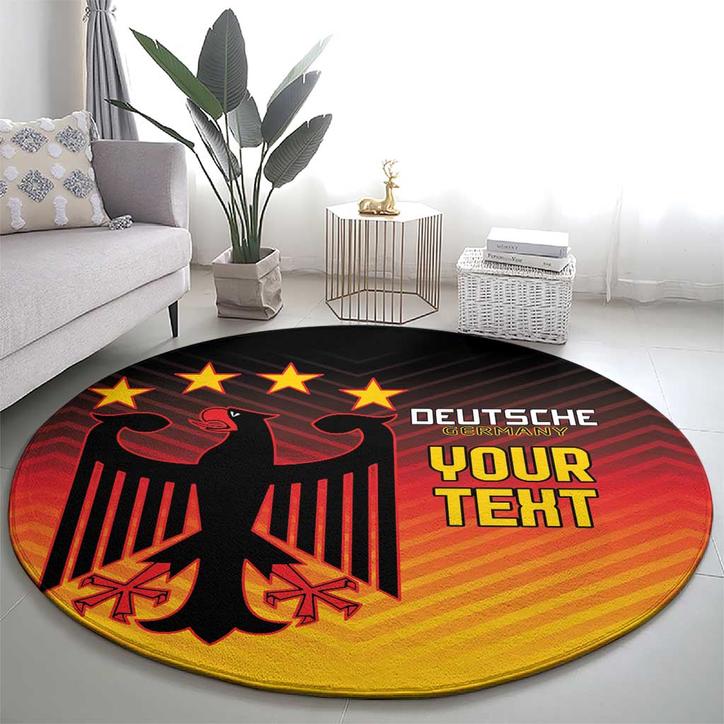 Round football-themed rug: black base with red eagle and stars, yellow gradient and 'DEUTSCHE'