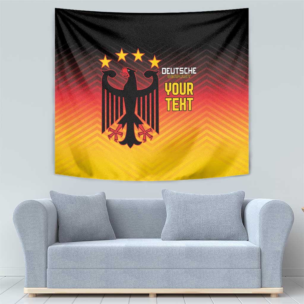 Germany football tapestry with black eagle emblem, warm red-orange/yellow gradient, and 'YOUR TEKT'.