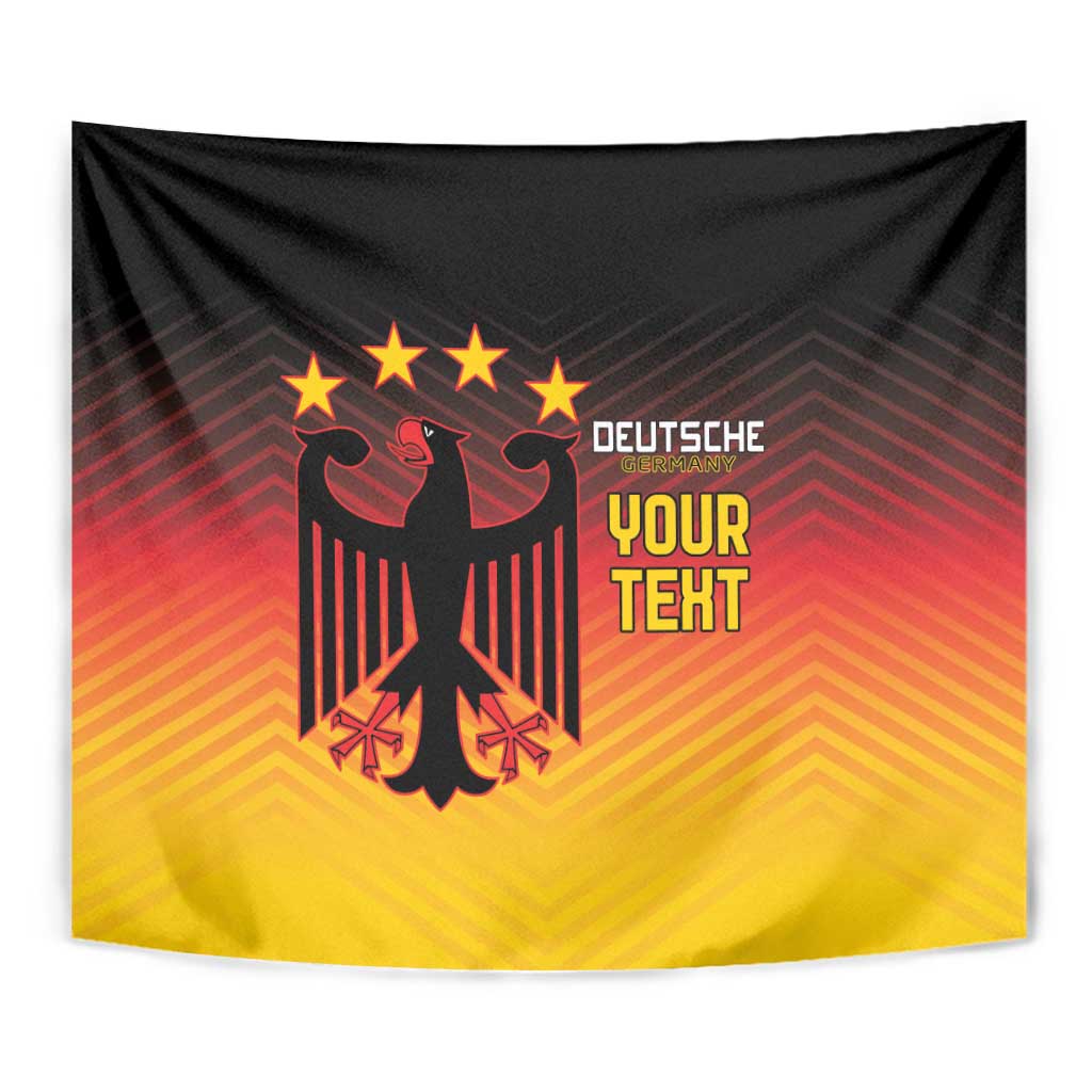 Germany football tapestry close view: black eagle with stars, red-to-yellow gradient, 'YOUR TEKT'.