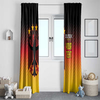 Pair of gradient black-red-yellow window curtains with German eagle emblem and 'YOUR TEXT'.
