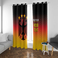 Gradient black-red-yellow curtains with German eagle graphic and 'YOUR TEXT', rod-top loops.