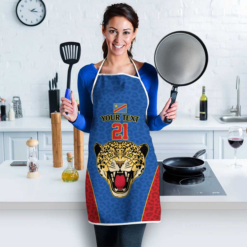 Africa DR Congo Football Custom Apron Blue Leopard Skin Pattern