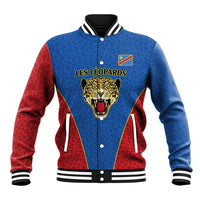 DR Congo Football Custom Baseball Jacket Blue Leopard Skin Pattern - Wonder Print Shop