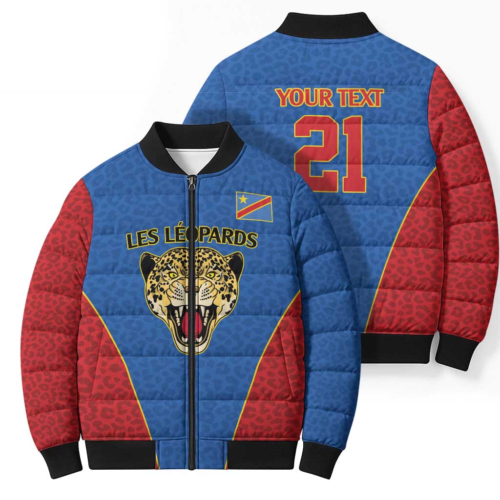 Africa DR Congo Football Custom Bomber Puffer Jacket Blue Leopard Skin Pattern