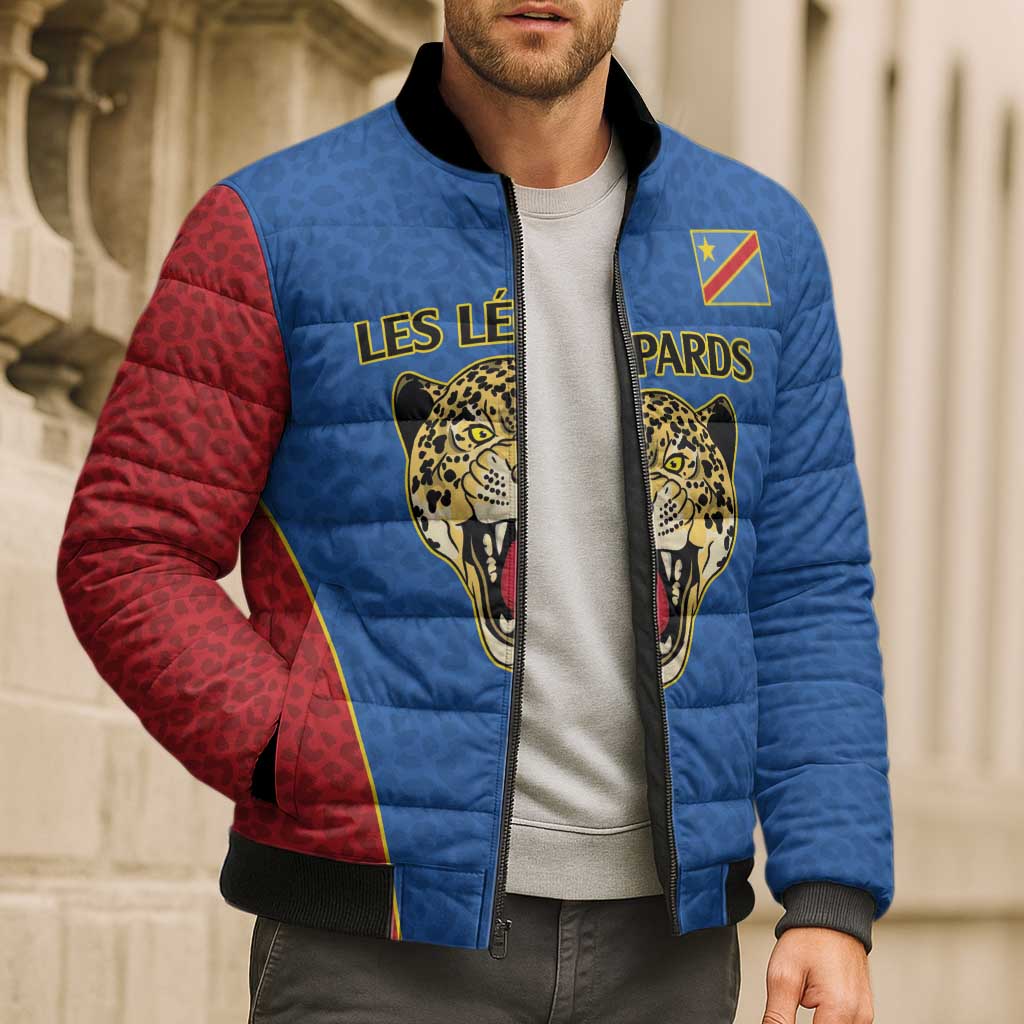 Africa DR Congo Football Custom Bomber Puffer Jacket Blue Leopard Skin Pattern