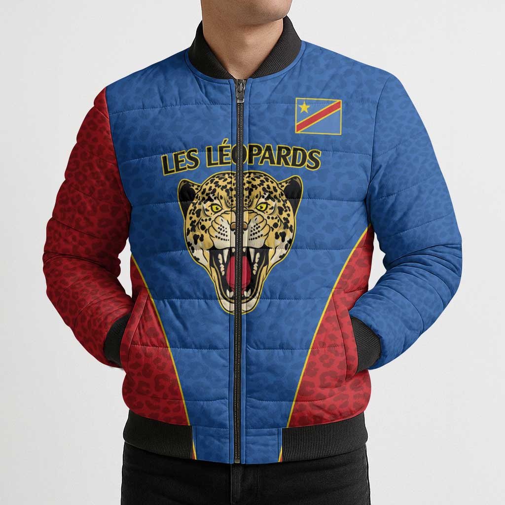 Africa DR Congo Football Custom Bomber Puffer Jacket Blue Leopard Skin Pattern