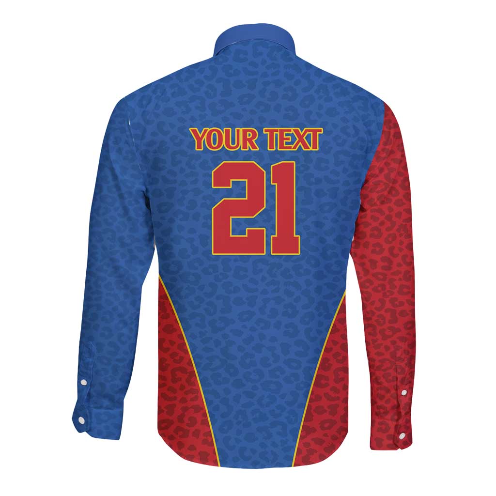 DR Congo Football Custom Long Sleeve Button Shirt Blue Leopard Skin Pattern - Wonder Print Shop