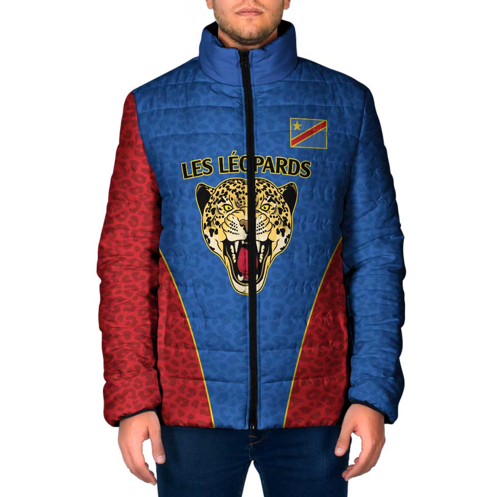 Africa DR Congo Football Custom Padded Jacket Blue Leopard Skin Pattern