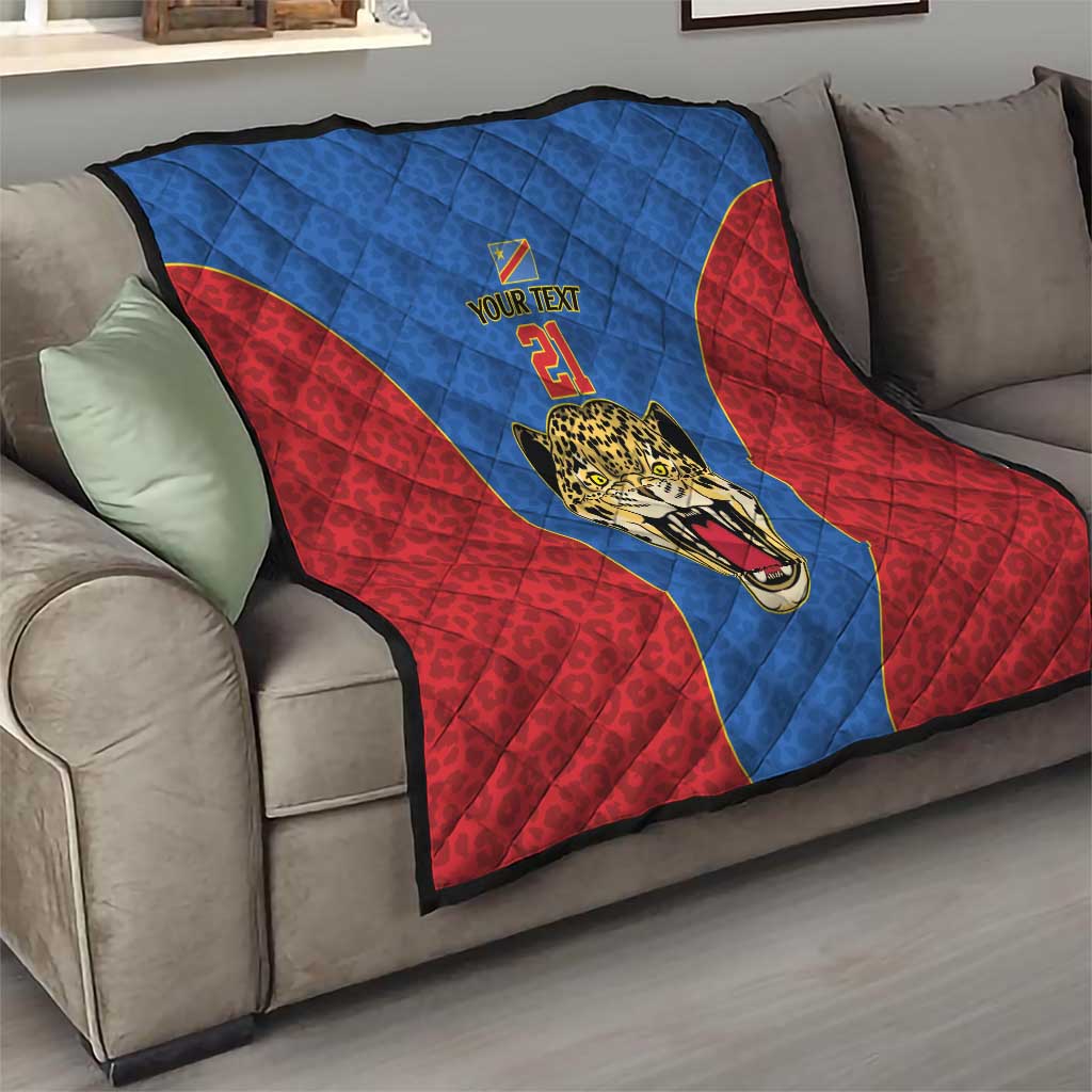 DR Congo Football Custom Quilt Blue Leopard Skin Pattern - Wonder Print Shop