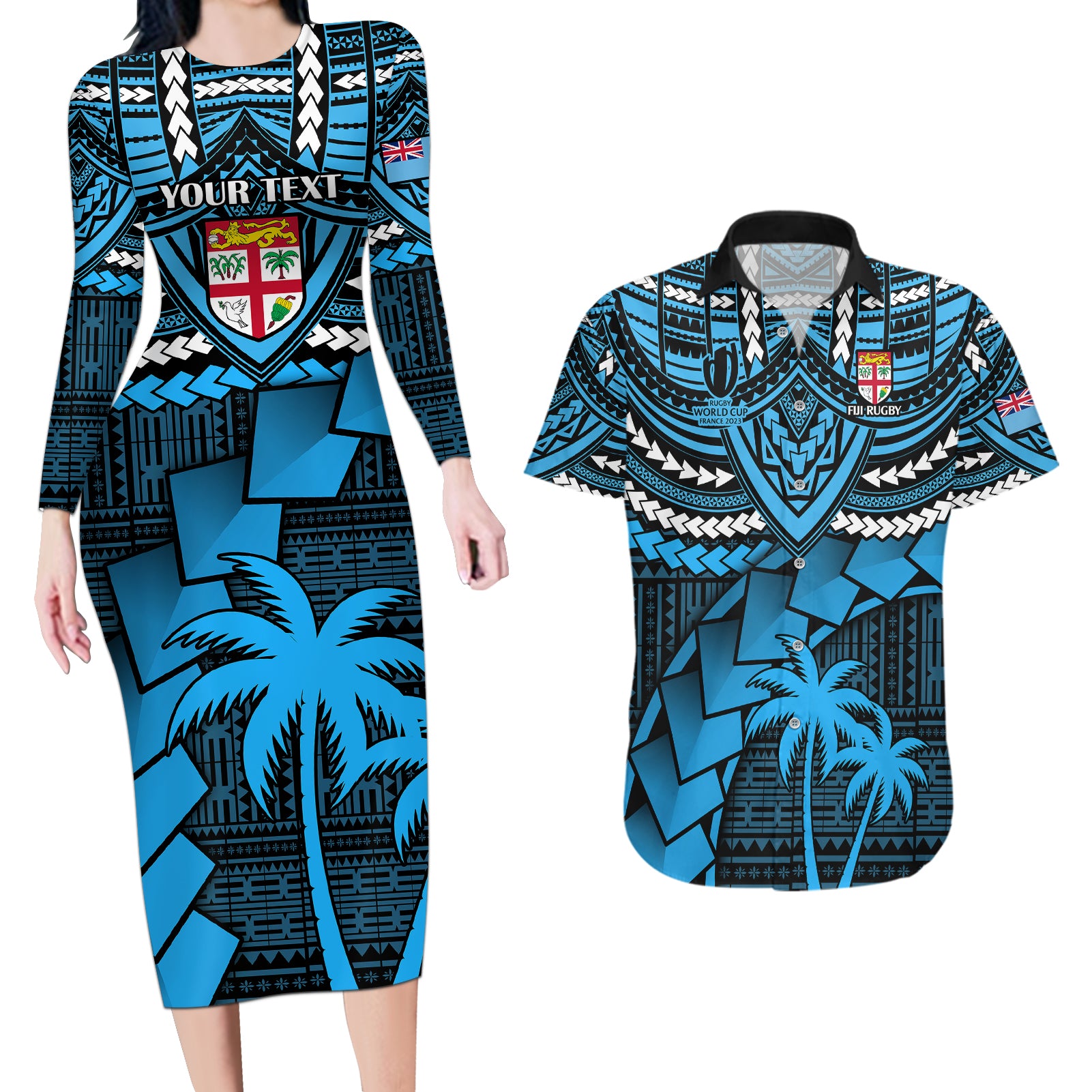 Custom Fiji Rugby Couples Matching Long Sleeve Bodycon Dress and Hawaiian Shirt Go Fijian Tapa Arty with World Cup Vibe LT9 - Wonder Print Shop