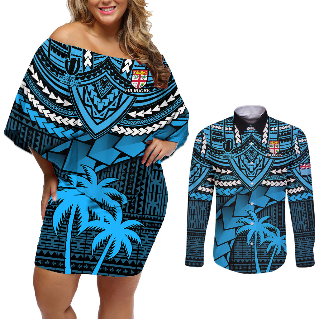 Custom Fiji Rugby Couples Matching Off Shoulder Short Dress and Long Sleeve Button Shirts Go Fijian Tapa Arty with World Cup Vibe LT9 - Wonder Print Shop