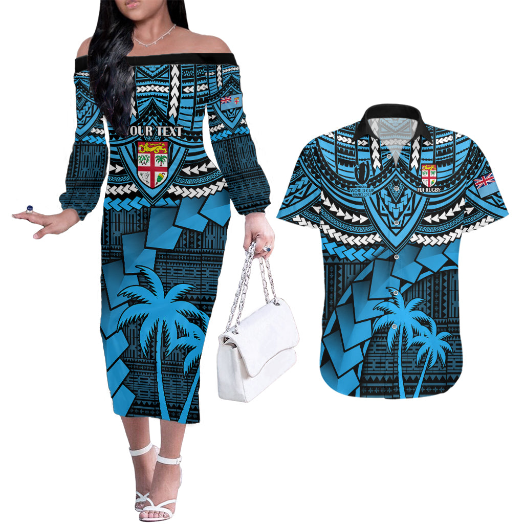 Custom Fiji Rugby Couples Matching Off The Shoulder Long Sleeve Dress and Hawaiian Shirt Go Fijian Tapa Arty with World Cup Vibe LT9 - Wonder Print Shop