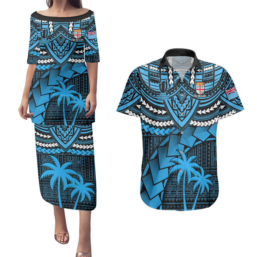 Custom Fiji Rugby Couples Matching Puletasi Dress and Hawaiian Shirt Go Fijian Tapa Arty with World Cup Vibe LT9 - Wonder Print Shop