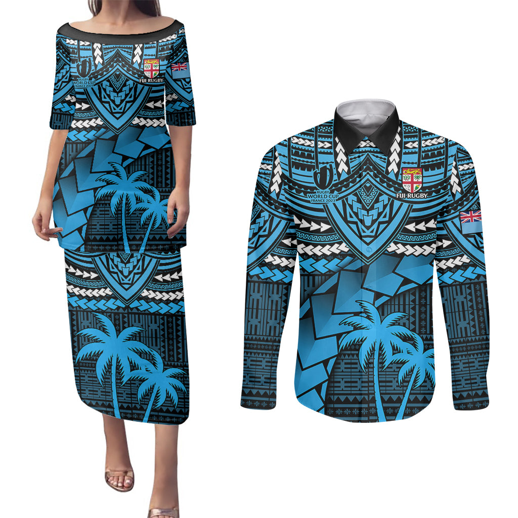 Custom Fiji Rugby Couples Matching Puletasi Dress and Long Sleeve Button Shirts Go Fijian Tapa Arty with World Cup Vibe LT9 - Wonder Print Shop