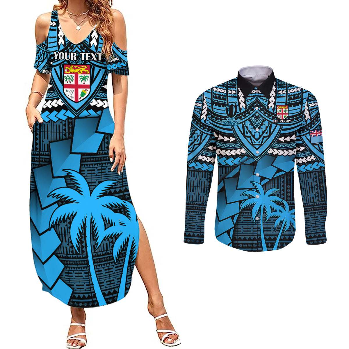 Custom Fiji Rugby Couples Matching Summer Maxi Dress and Long Sleeve Button Shirts Go Fijian Tapa Arty with World Cup Vibe LT9 - Wonder Print Shop