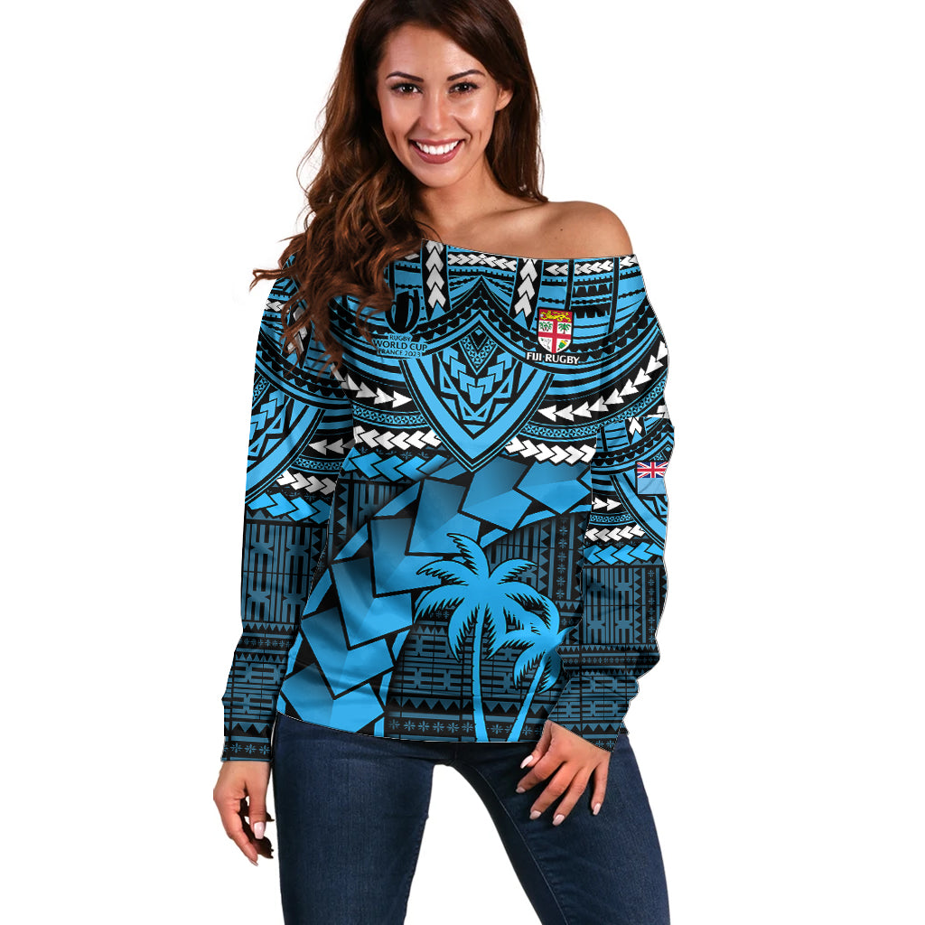 Custom Fiji Rugby Off Shoulder Sweater Go Fijian Tapa Arty with World Cup Vibe - Wonder Print Shop