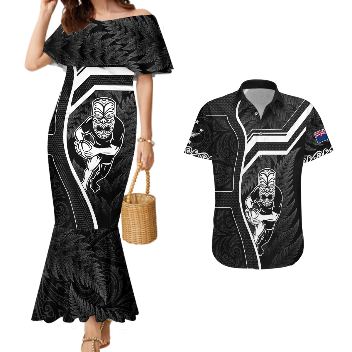 New Zealand Aotearoa Rugby Couples Matching Mermaid Dress and Hawaiian Shirt Black Fern Maori Tribal Sporty Style LT9 - Wonder Print Shop