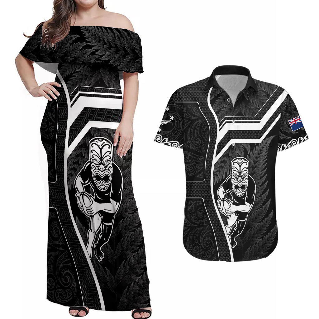 New Zealand Aotearoa Rugby Couples Matching Off Shoulder Maxi Dress and Hawaiian Shirt Black Fern Maori Tribal Sporty Style LT9 - Wonder Print Shop