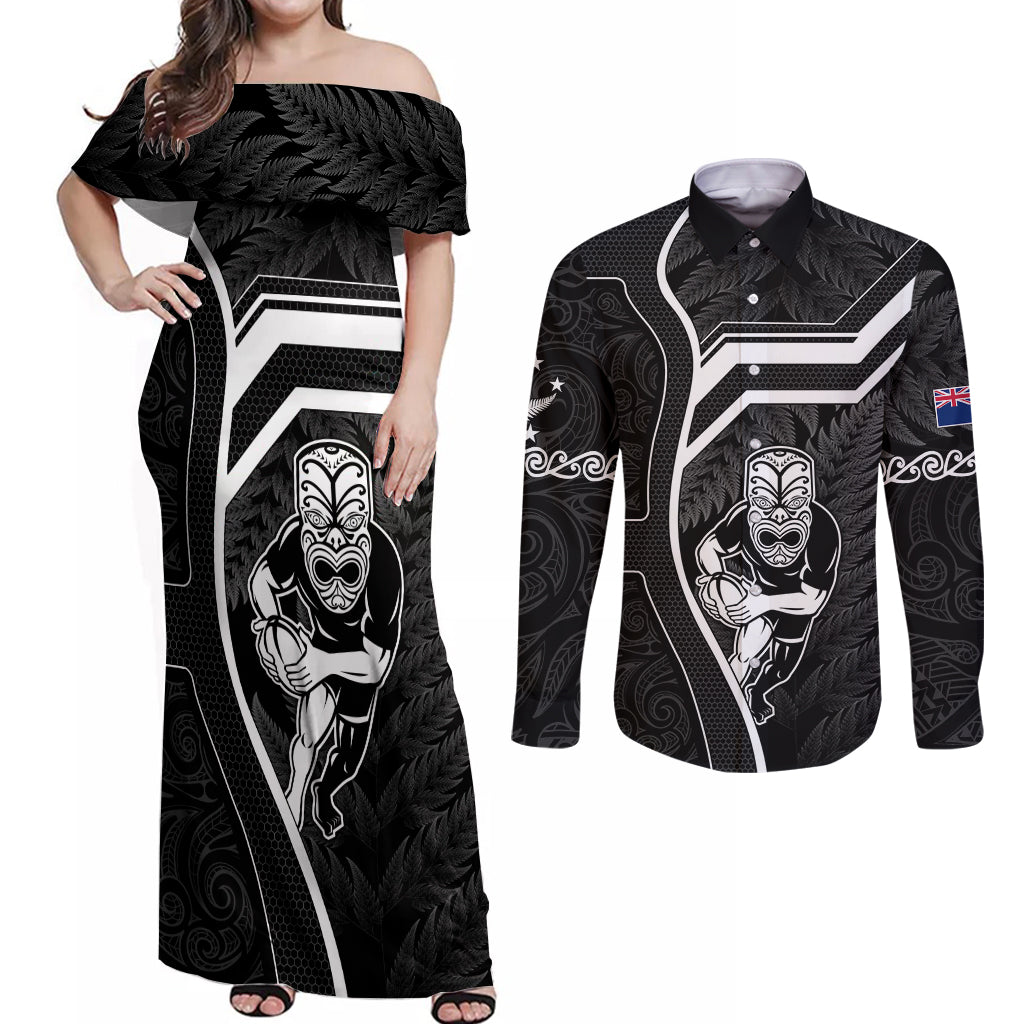 New Zealand Aotearoa Rugby Couples Matching Off Shoulder Maxi Dress and Long Sleeve Button Shirts Black Fern Maori Tribal Sporty Style LT9 - Wonder Print Shop