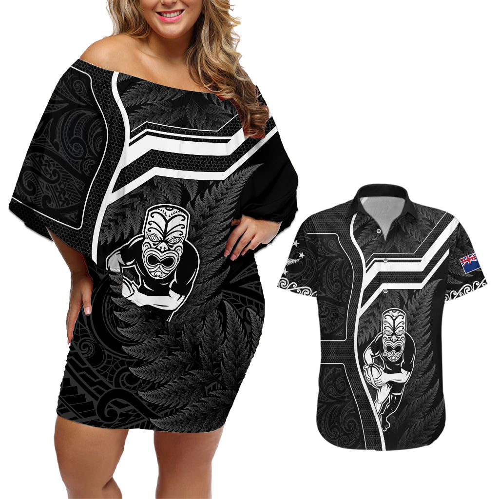 New Zealand Aotearoa Rugby Couples Matching Off Shoulder Short Dress and Hawaiian Shirt Black Fern Maori Tribal Sporty Style LT9 - Wonder Print Shop