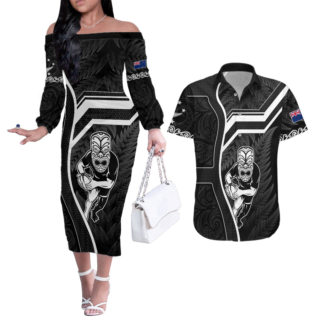 New Zealand Aotearoa Rugby Couples Matching Off The Shoulder Long Sleeve Dress and Hawaiian Shirt Black Fern Maori Tribal Sporty Style LT9 - Wonder Print Shop