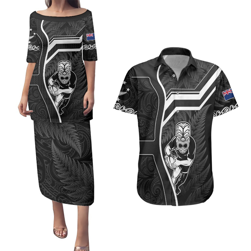 New Zealand Aotearoa Rugby Couples Matching Puletasi Dress and Hawaiian Shirt Black Fern Maori Tribal Sporty Style LT9 - Wonder Print Shop