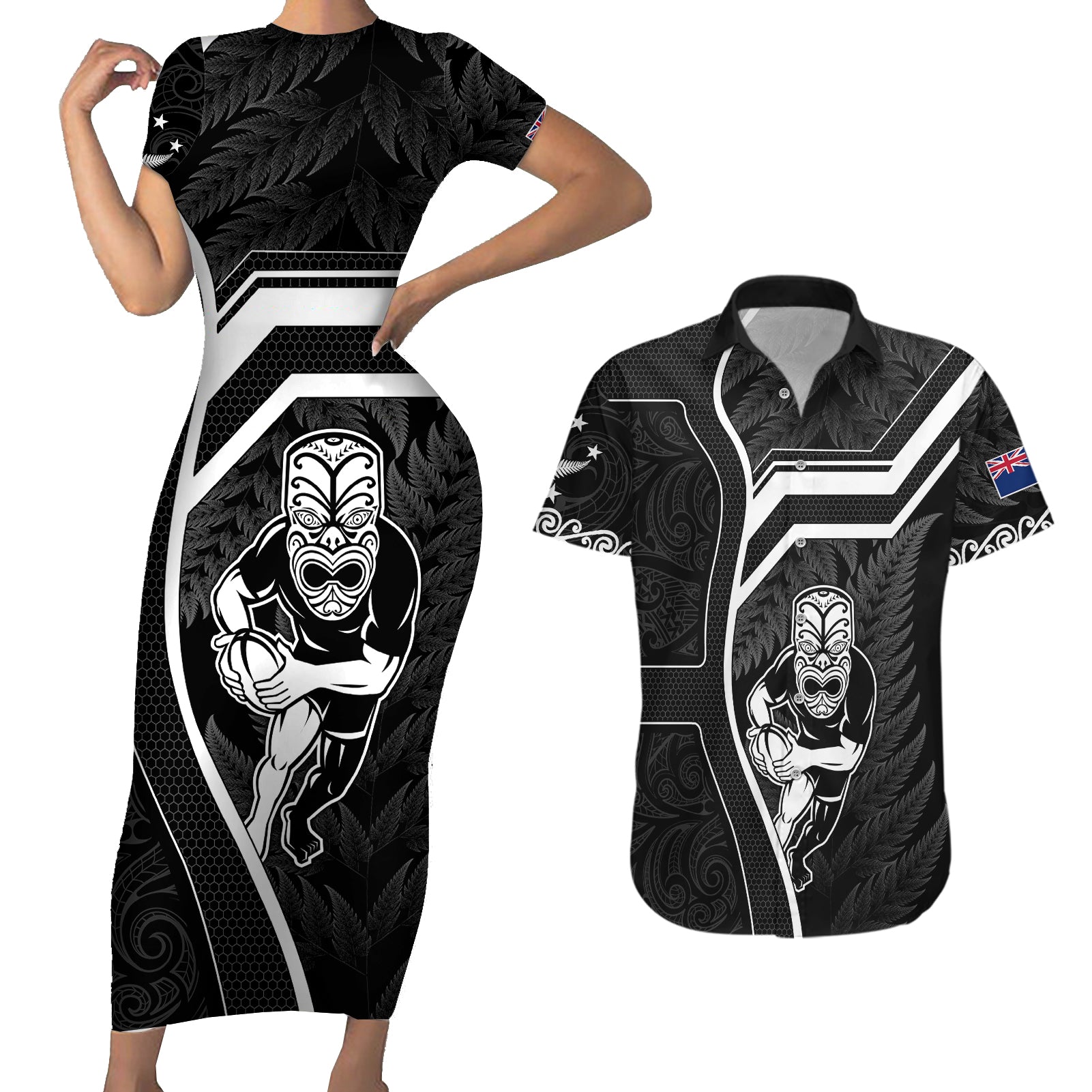 New Zealand Aotearoa Rugby Couples Matching Short Sleeve Bodycon Dress and Hawaiian Shirt Black Fern Maori Tribal Sporty Style LT9 - Wonder Print Shop