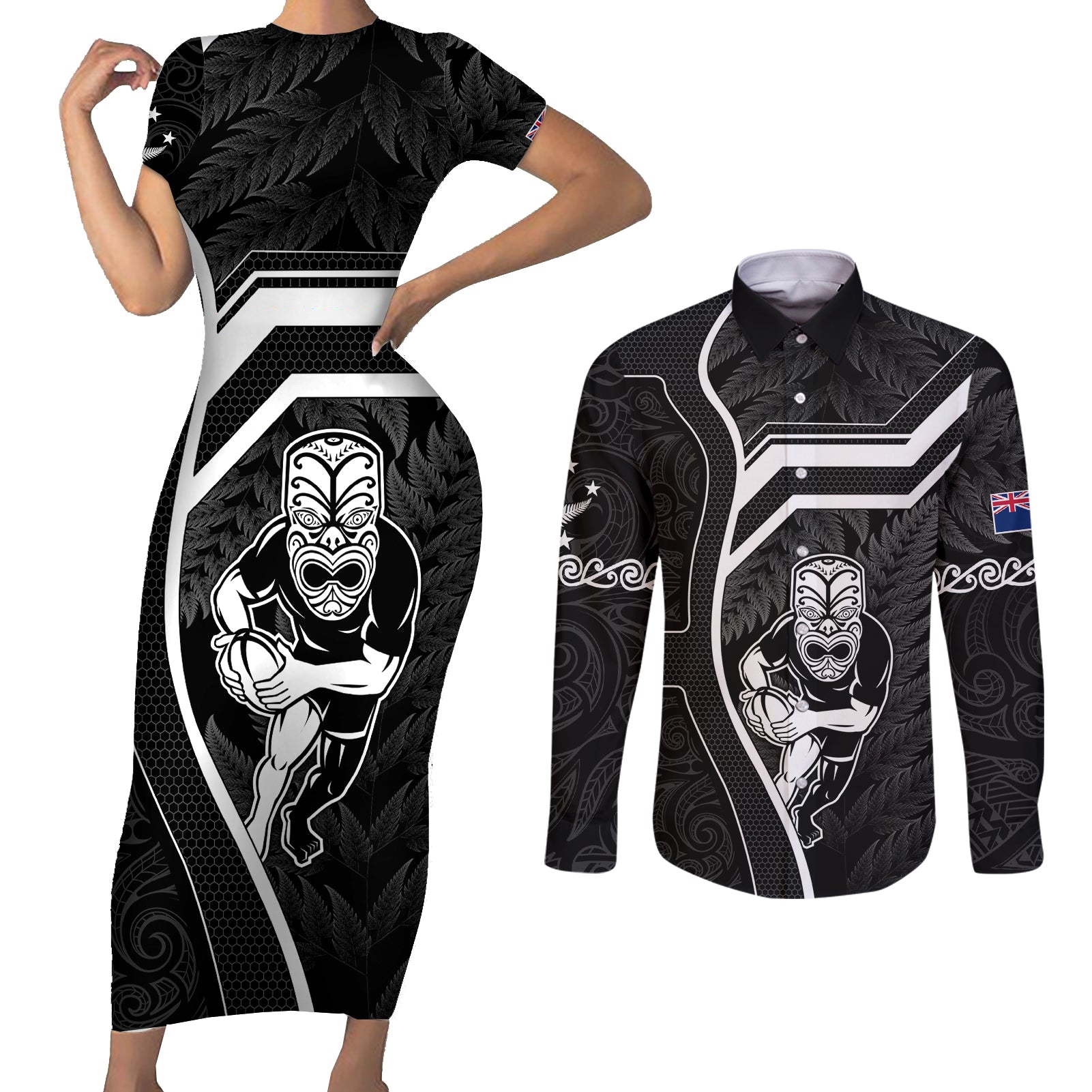 New Zealand Aotearoa Rugby Couples Matching Short Sleeve Bodycon Dress and Long Sleeve Button Shirts Black Fern Maori Tribal Sporty Style LT9 - Wonder Print Shop