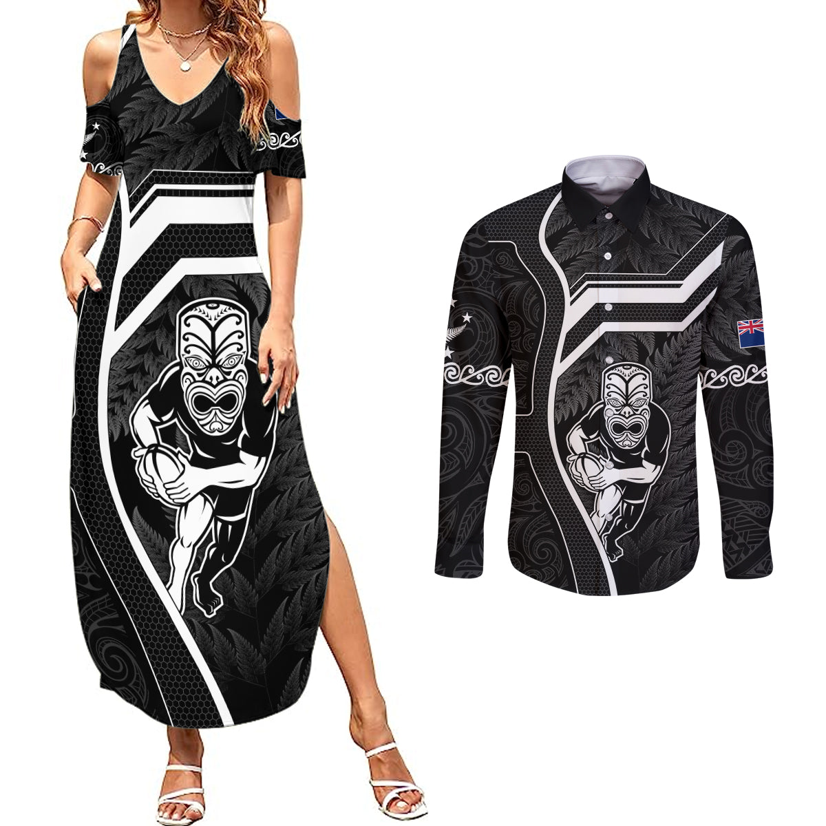 New Zealand Aotearoa Rugby Couples Matching Summer Maxi Dress and Long Sleeve Button Shirts Black Fern Maori Tribal Sporty Style LT9 - Wonder Print Shop