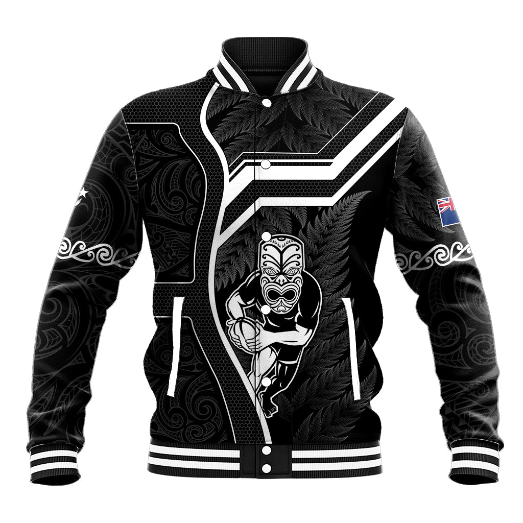 Black baseball jacket with white striped collar, zip front, Maori tribal print and crest