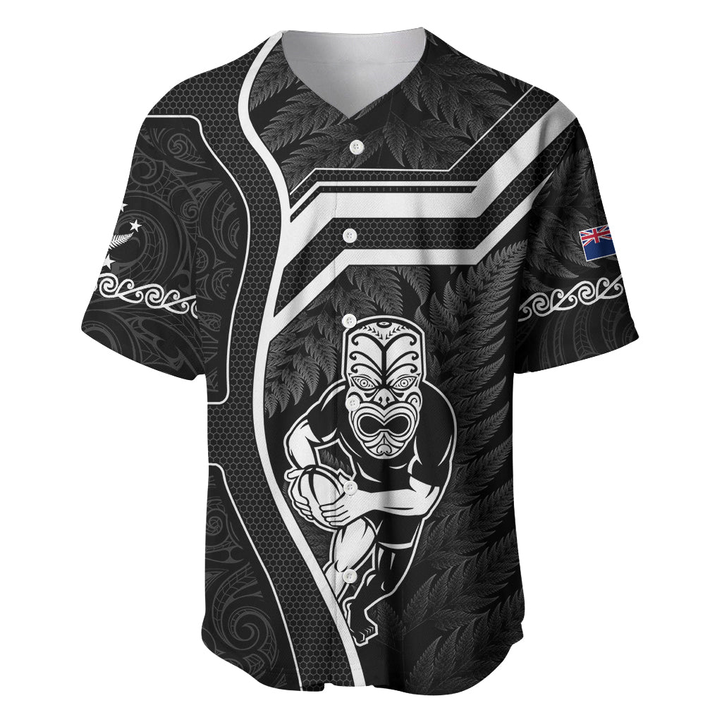 Black rugby baseball jersey with white tribal tiki figure and crest graphics