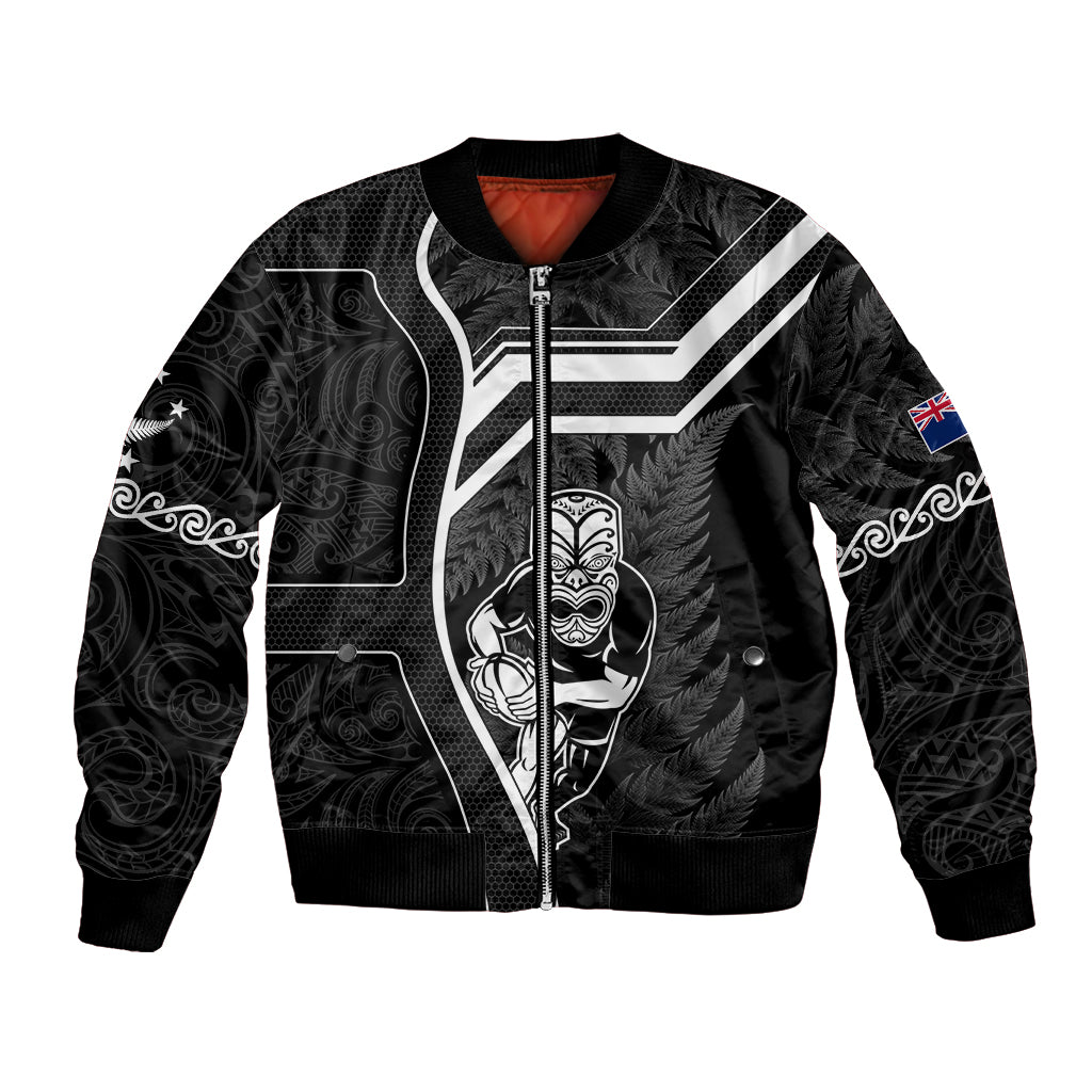 Unisex black bomber jacket with Maori-style tribal graphics, front zipper, ribbed cuffs