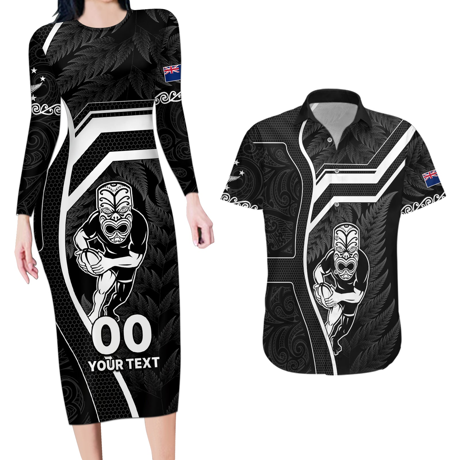 Custom New Zealand Aotearoa Rugby Couples Matching Long Sleeve Bodycon Dress and Hawaiian Shirt Black Fern Maori Tribal Sporty Style LT9 - Wonder Print Shop