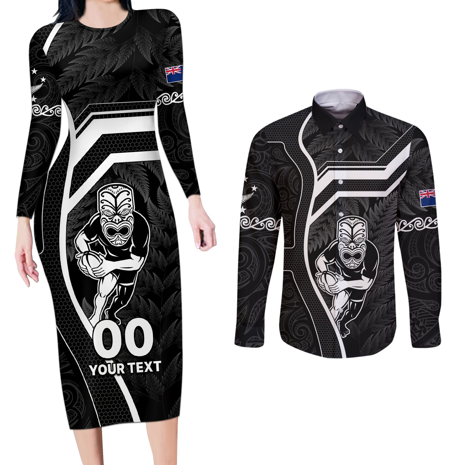 Custom New Zealand Aotearoa Rugby Couples Matching Long Sleeve Bodycon Dress and Long Sleeve Button Shirts Black Fern Maori Tribal Sporty Style LT9 - Wonder Print Shop