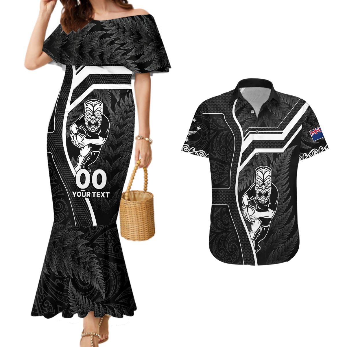 Custom New Zealand Aotearoa Rugby Couples Matching Mermaid Dress and Hawaiian Shirt Black Fern Maori Tribal Sporty Style LT9 - Wonder Print Shop