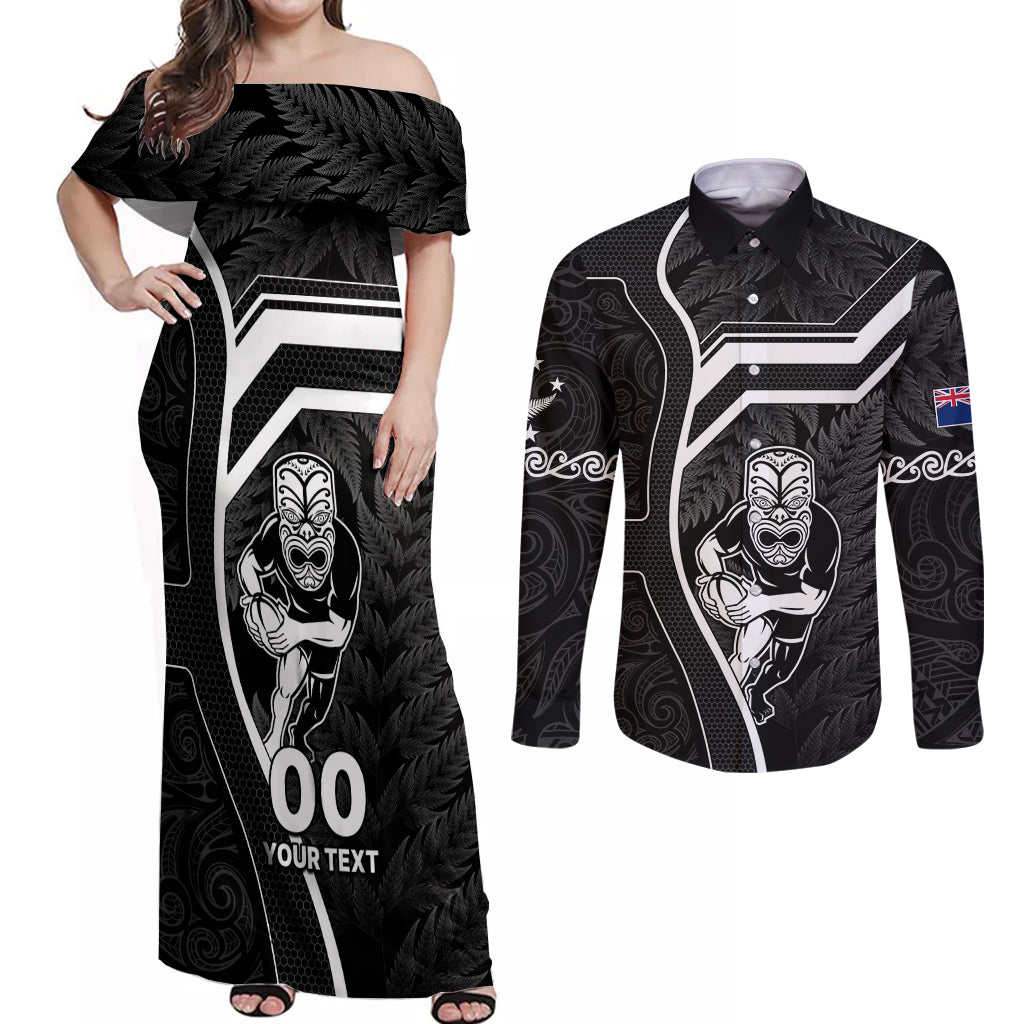 Custom New Zealand Aotearoa Rugby Couples Matching Off Shoulder Maxi Dress and Long Sleeve Button Shirts Black Fern Maori Tribal Sporty Style LT9 - Wonder Print Shop