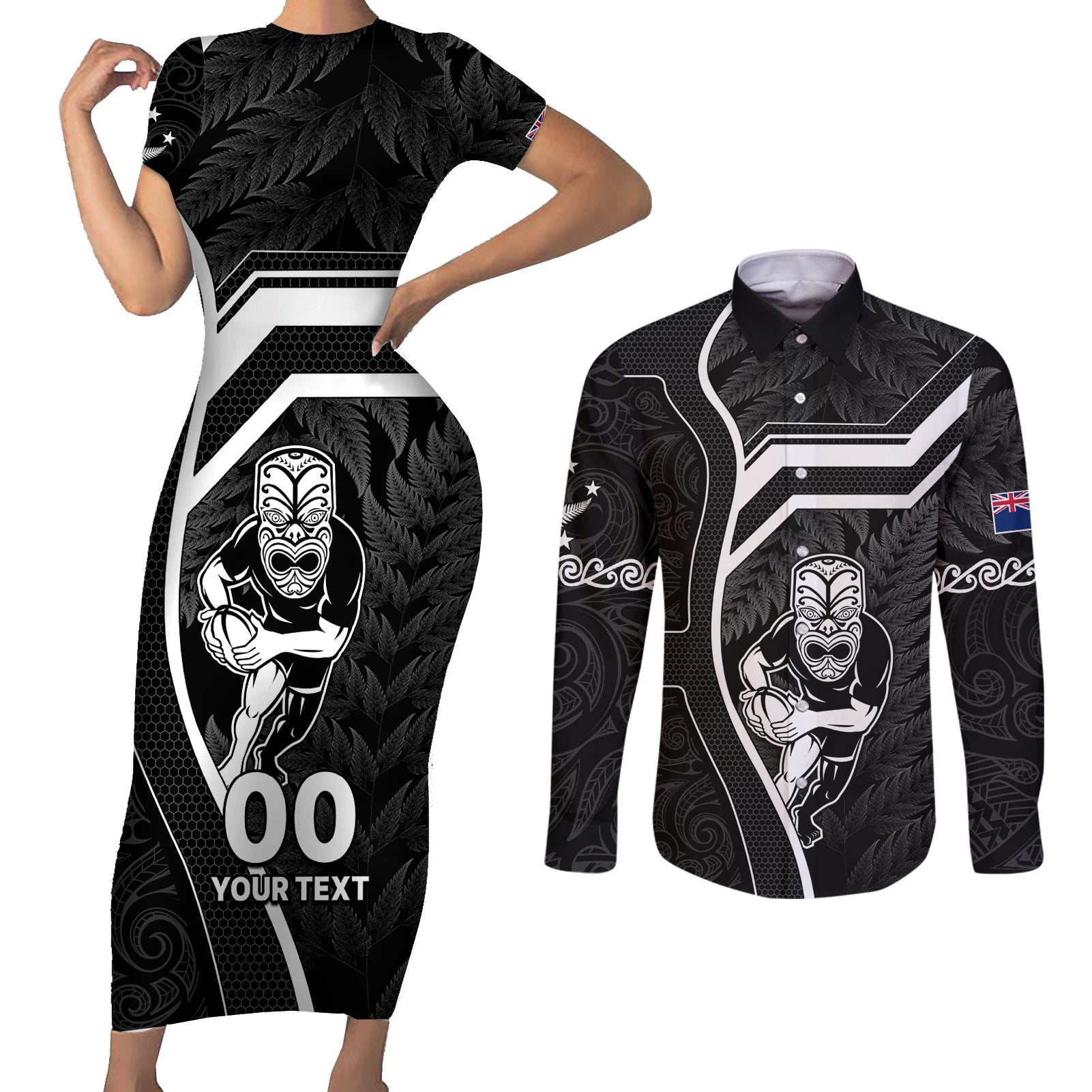 Custom New Zealand Aotearoa Rugby Couples Matching Short Sleeve Bodycon Dress and Long Sleeve Button Shirts Black Fern Maori Tribal Sporty Style LT9 - Wonder Print Shop