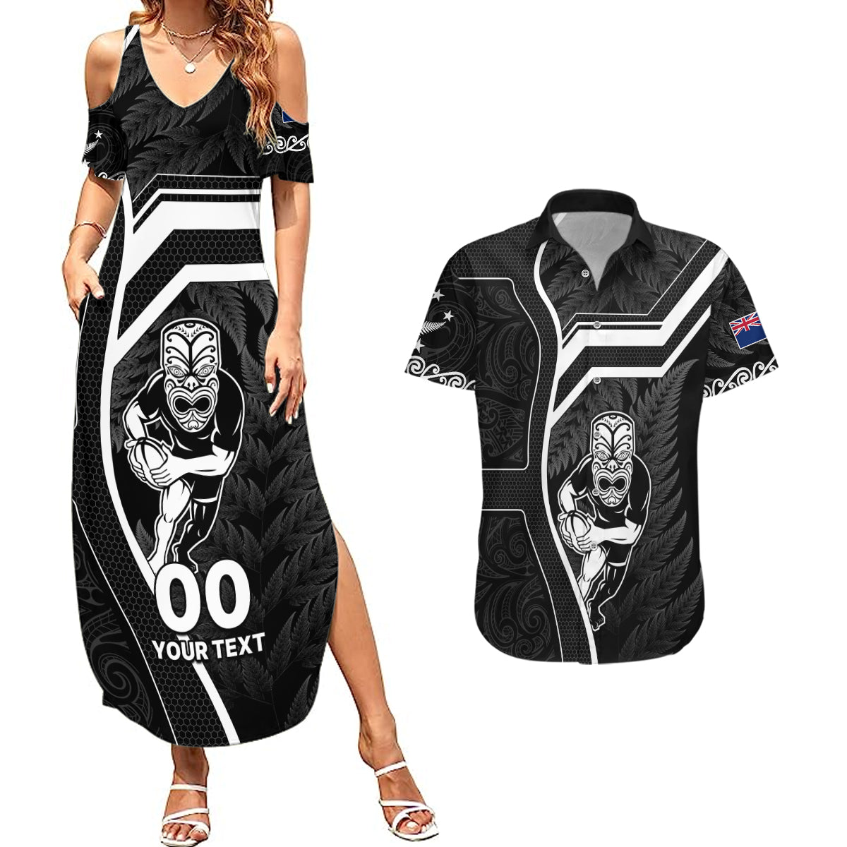 Custom New Zealand Aotearoa Rugby Couples Matching Summer Maxi Dress and Hawaiian Shirt Black Fern Maori Tribal Sporty Style LT9 - Wonder Print Shop