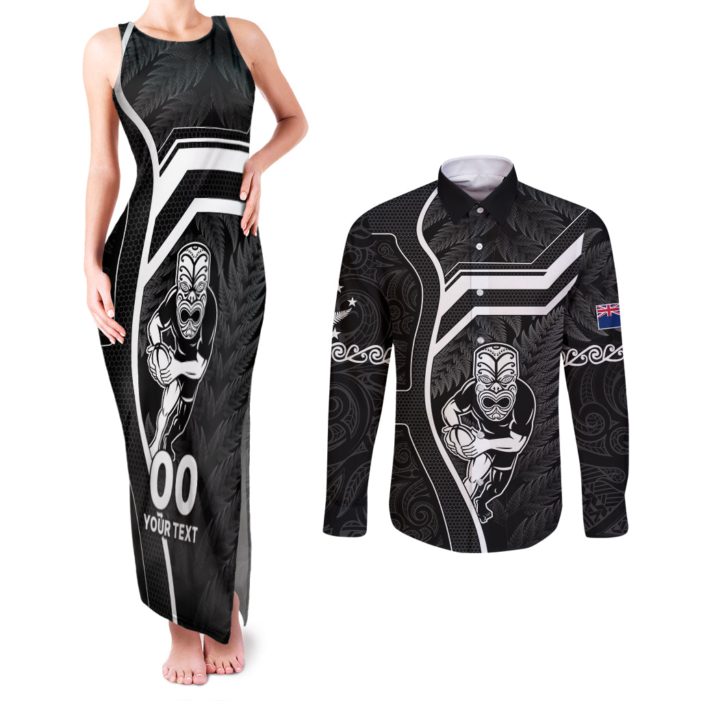 Custom New Zealand Aotearoa Rugby Couples Matching Tank Maxi Dress and Long Sleeve Button Shirts Black Fern Maori Tribal Sporty Style LT9 - Wonder Print Shop