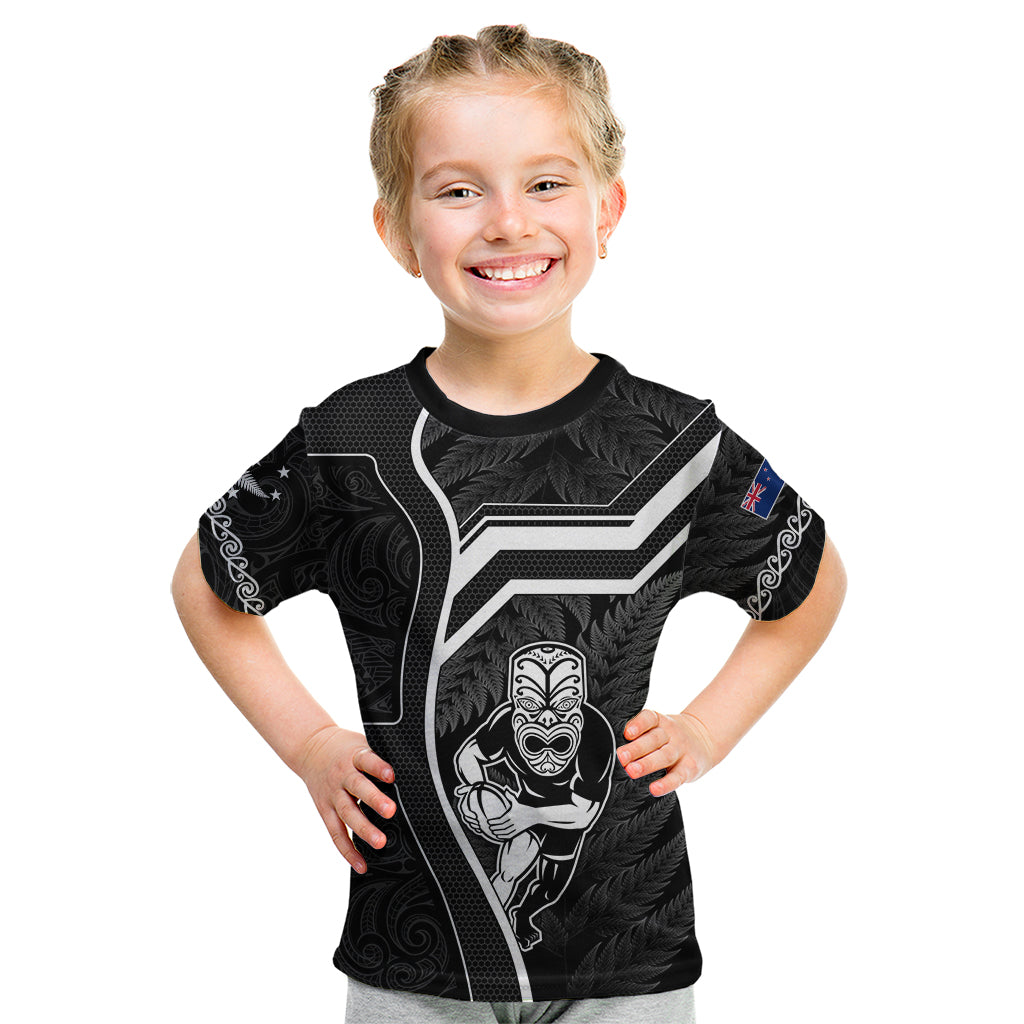 Custom New Zealand Aotearoa Rugby Kid T Shirt Black Fern Maori Tribal Sporty Style - Wonder Print Shop