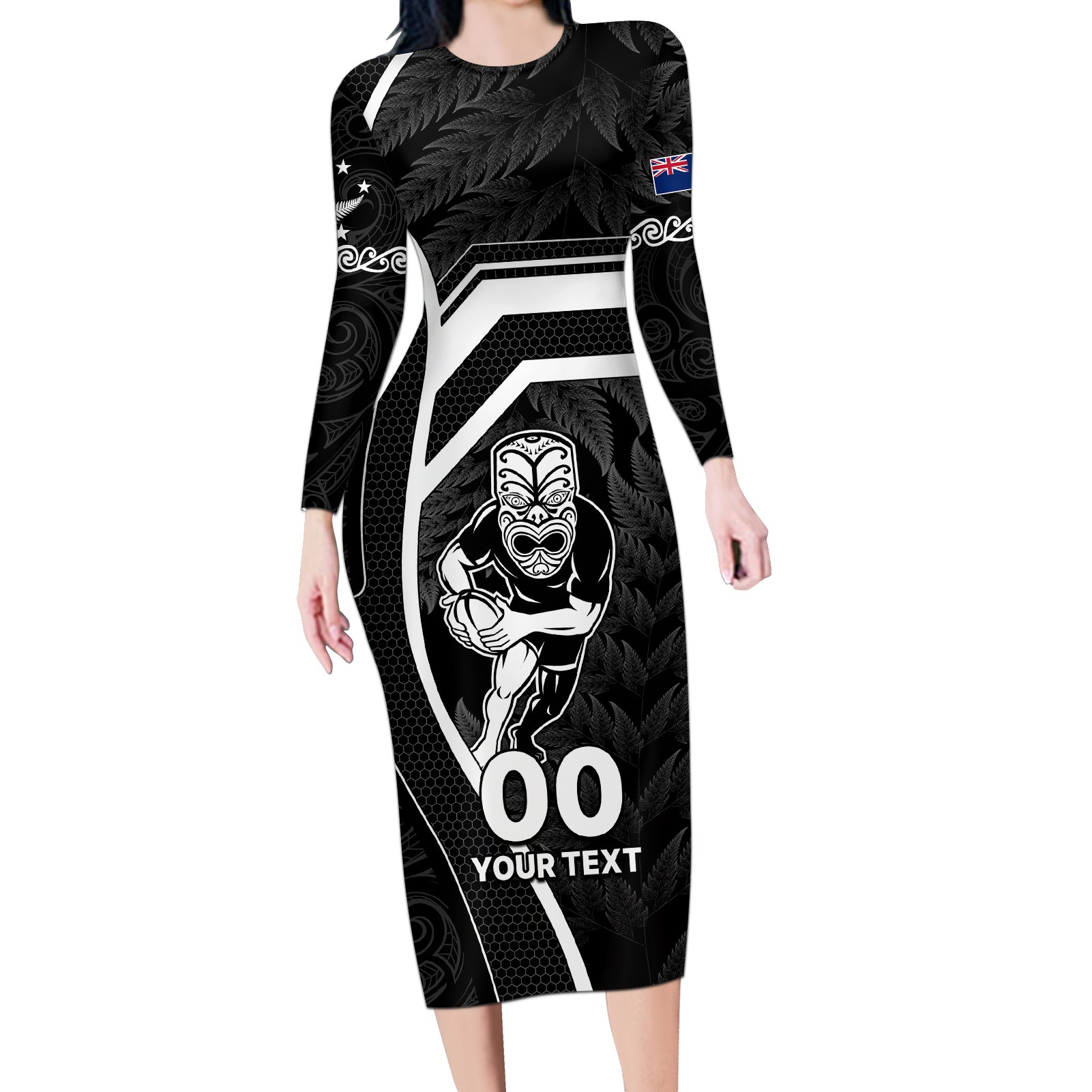 Custom New Zealand Aotearoa Rugby Long Sleeve Bodycon Dress Black Fern Maori Tribal Sporty Style - Wonder Print Shop