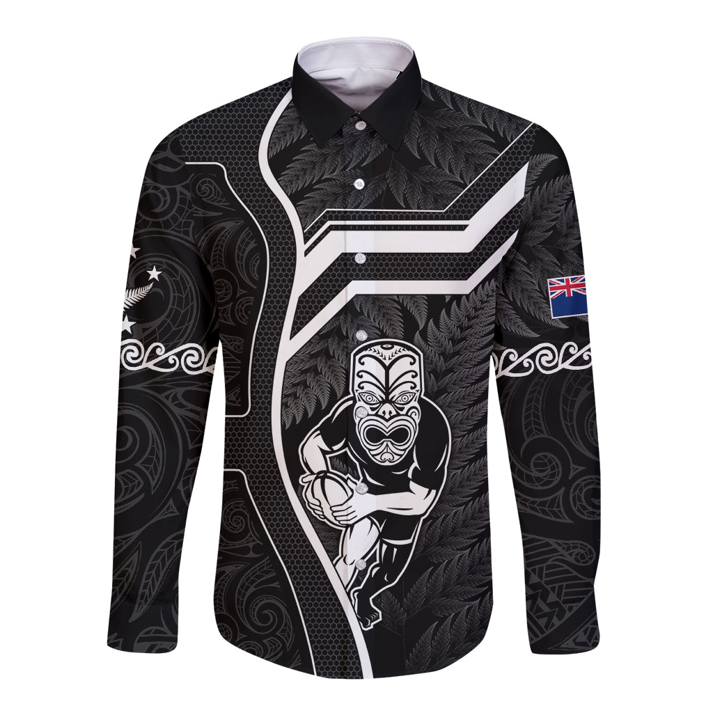 Black long-sleeve button shirt with white Maori-style tribal graphic and NZ flag sleeve