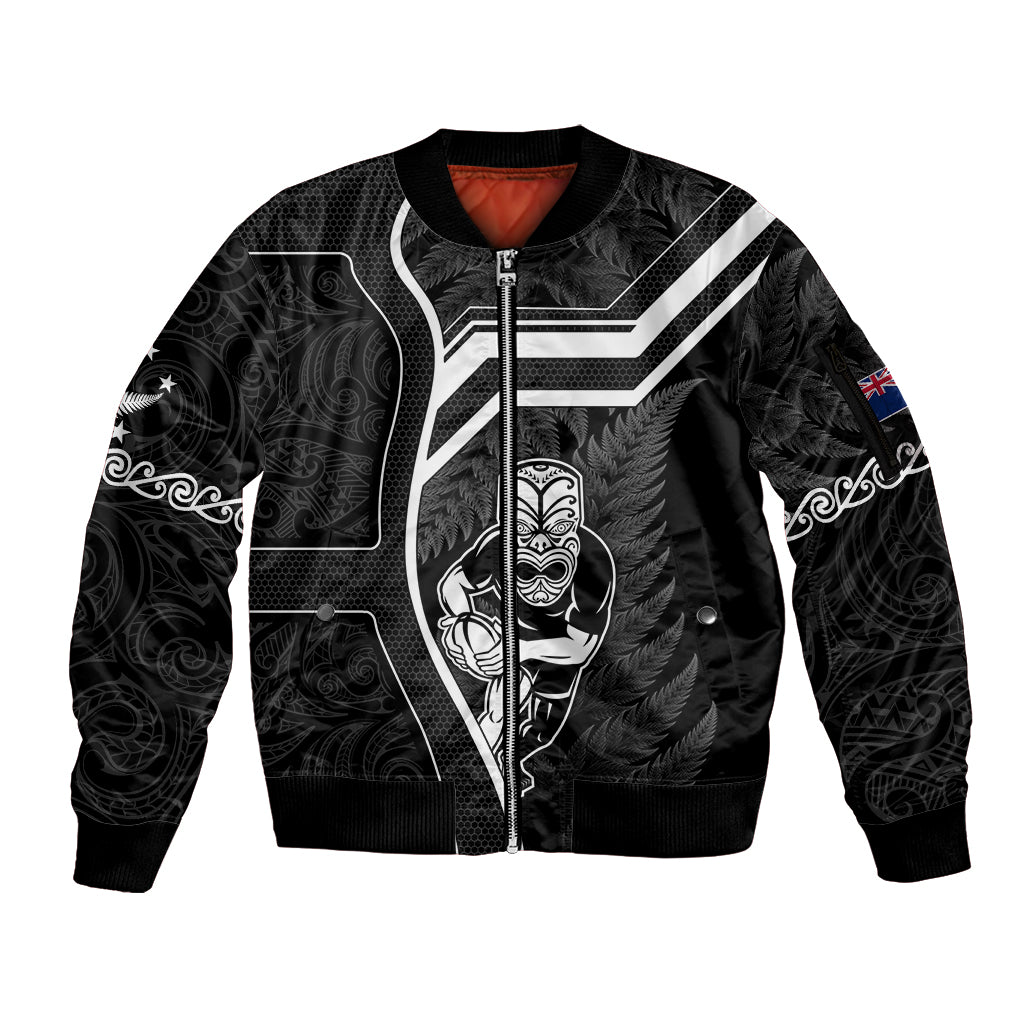 Black zip bomber jacket with white tribal graphics and ribbed cuffs