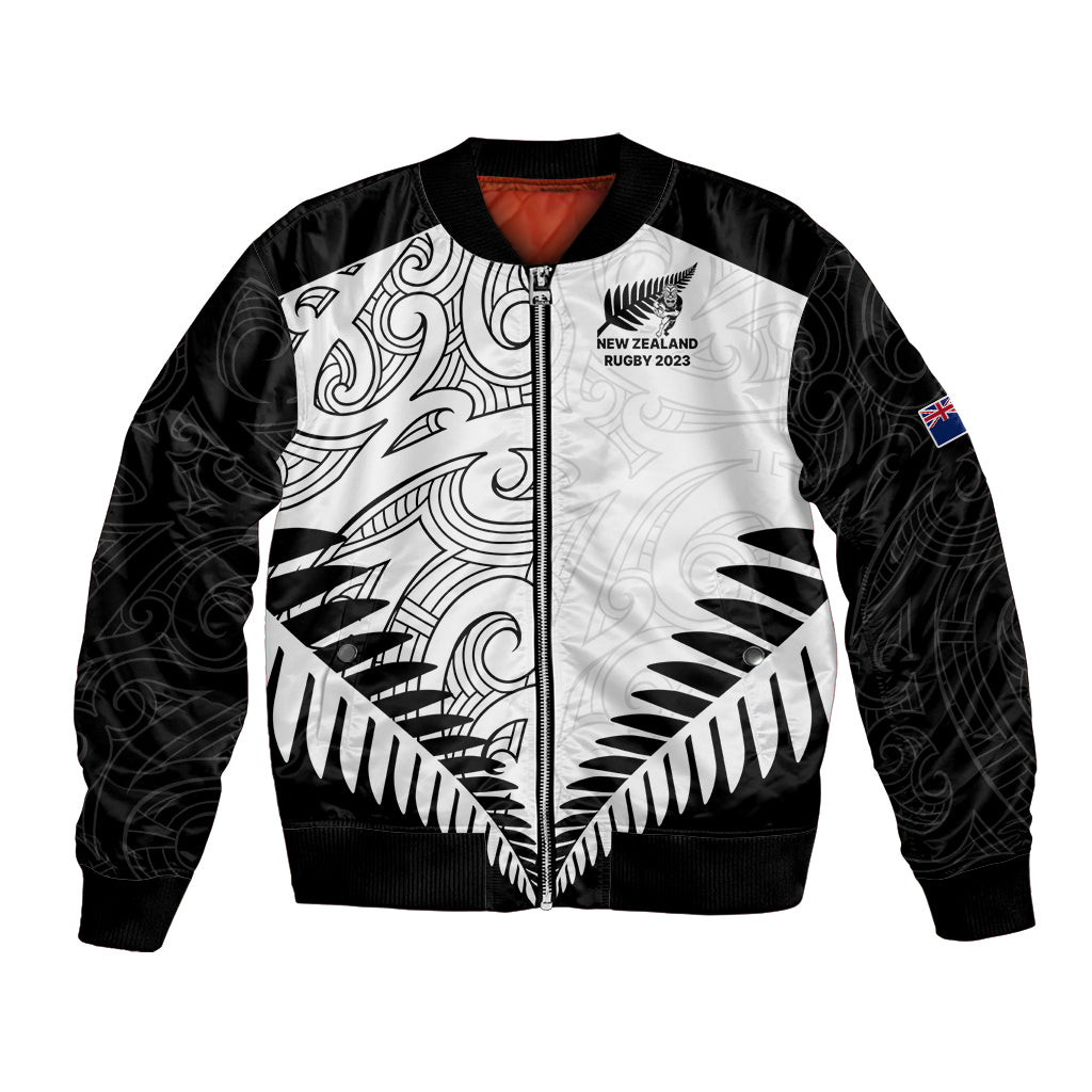 Black bomber jacket, full-zip with ribbed trims, Maori-inspired koru front graphic