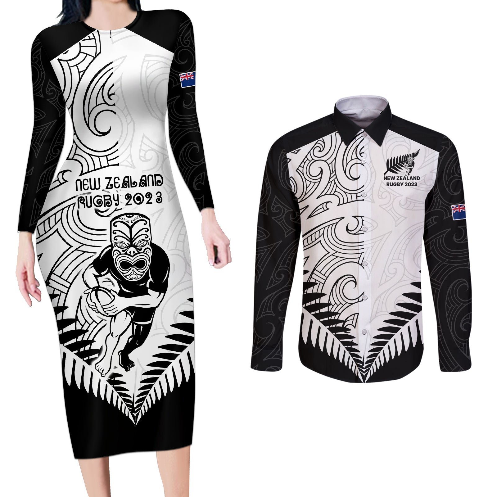 New Zealand Rugby Couples Matching Long Sleeve Bodycon Dress and Long Sleeve Button Shirts Proud Aoteroa Stylised Maori Koru LT9 - Wonder Print Shop