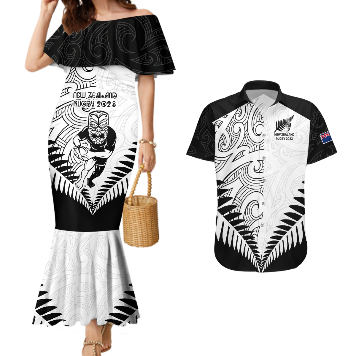 New Zealand Rugby Couples Matching Mermaid Dress and Hawaiian Shirt Proud Aoteroa Stylised Maori Koru LT9 - Wonder Print Shop