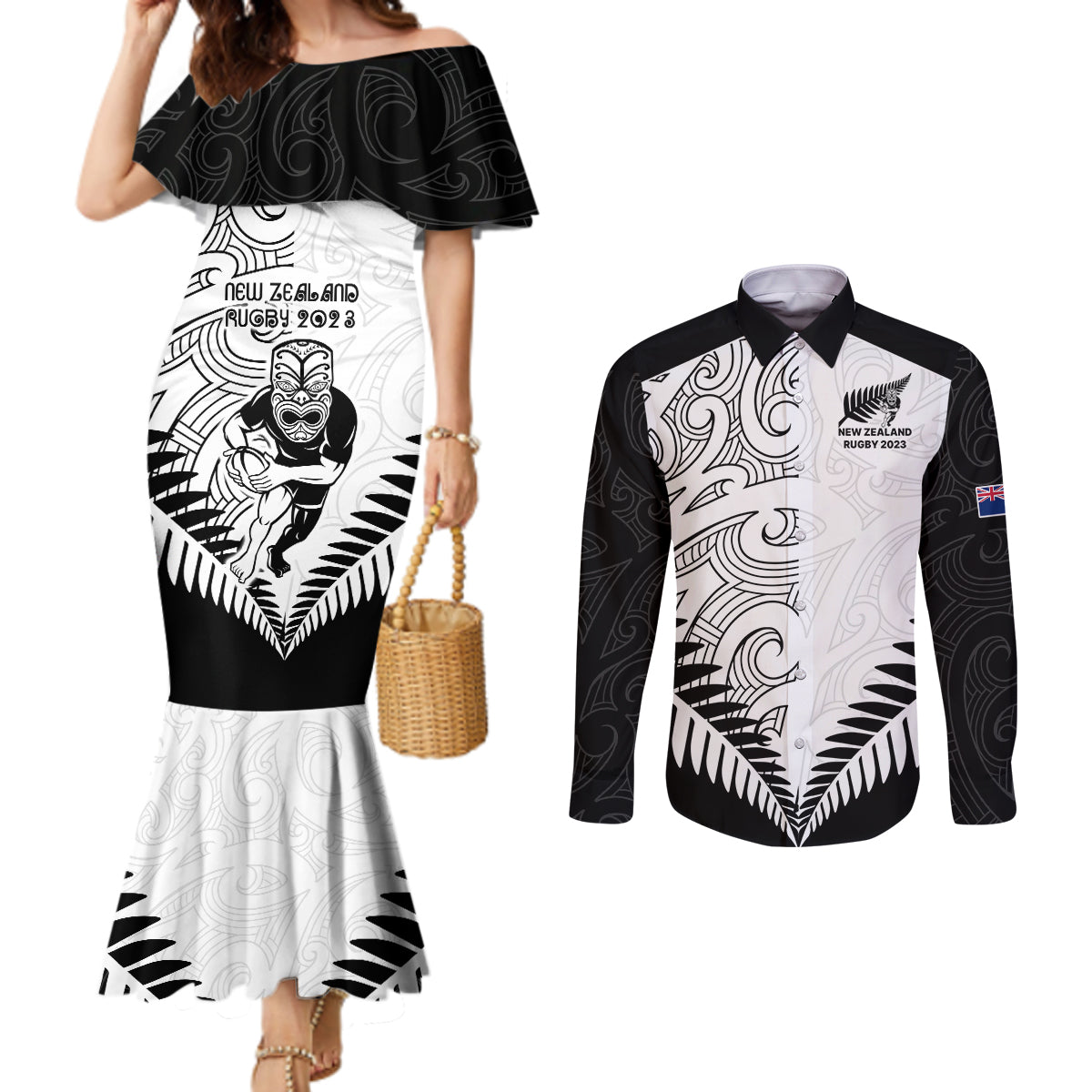 new-zealand-rugby-couples-matching-mermaid-dress-and-long-sleeve-button-shirts-proud-aoteroa-stylised-maori-koru