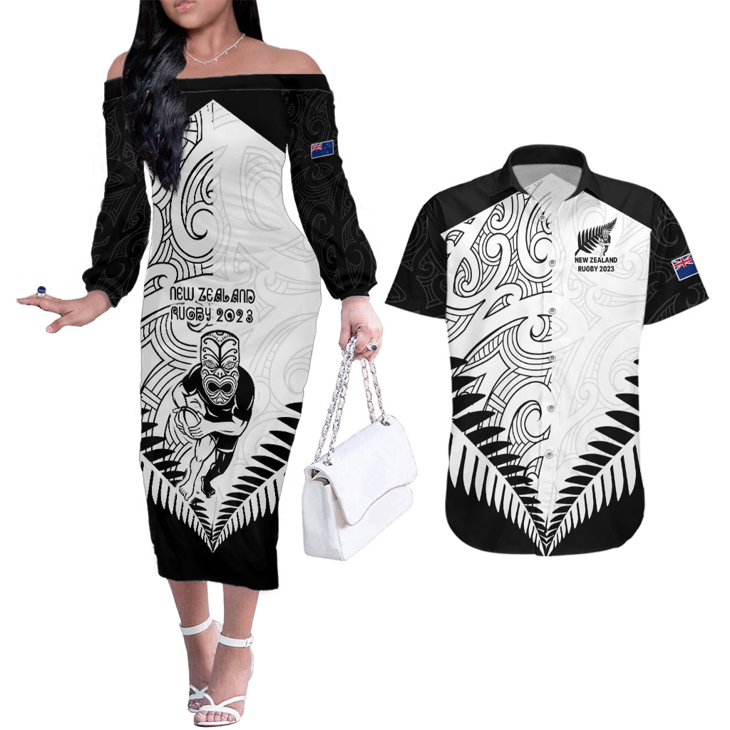 New Zealand Rugby Couples Matching Off The Shoulder Long Sleeve Dress and Hawaiian Shirt Proud Aoteroa Stylised Maori Koru LT9 - Wonder Print Shop