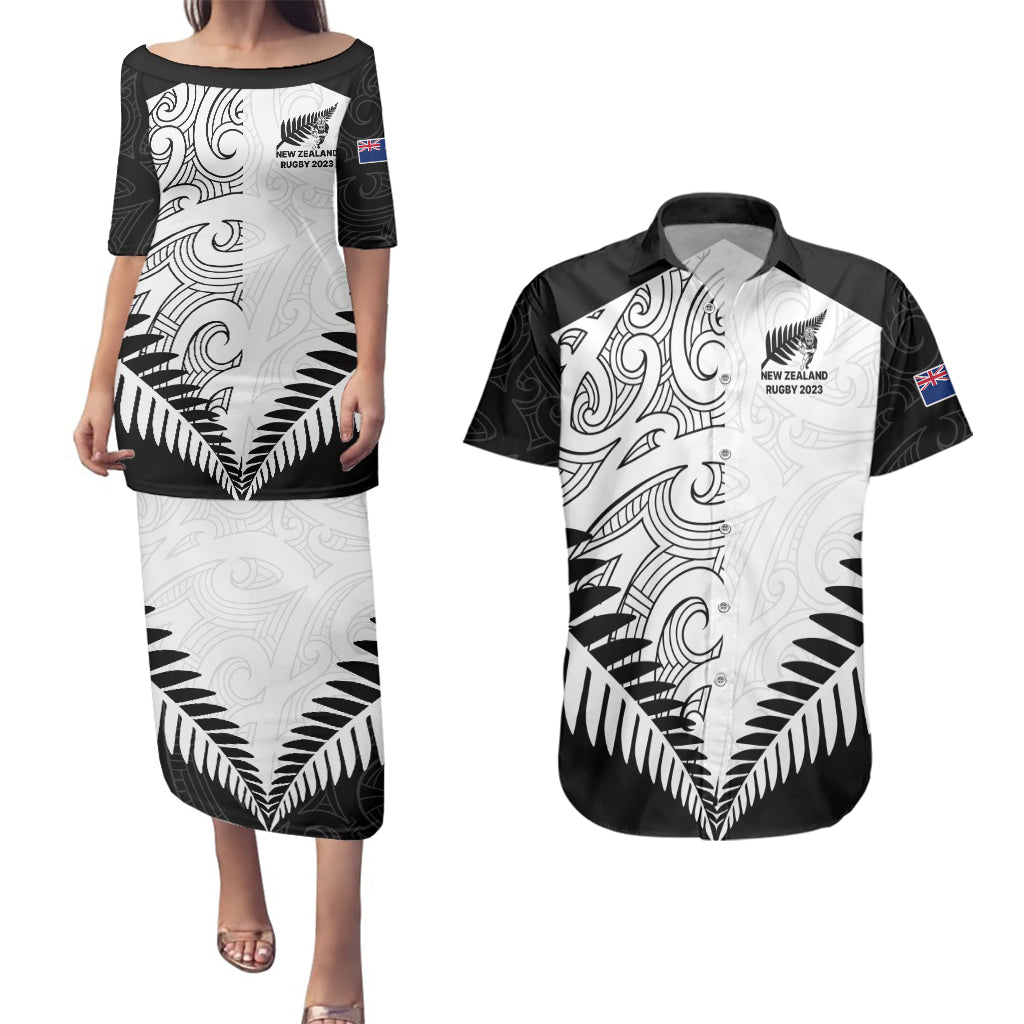 New Zealand Rugby Couples Matching Puletasi Dress and Hawaiian Shirt Proud Aoteroa Stylised Maori Koru LT9 - Wonder Print Shop